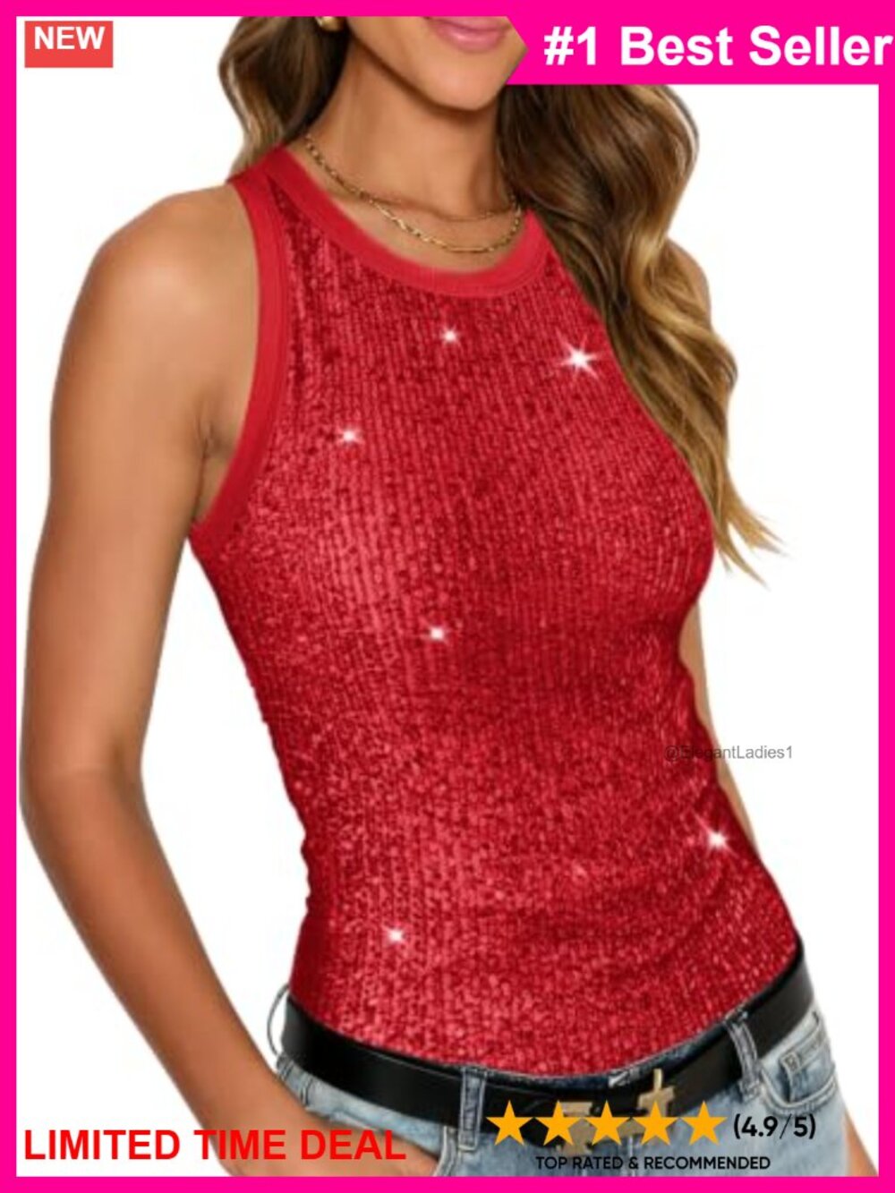 Slim Fit Sequin Tank Top Sleeveless Crewneck Party Blouse